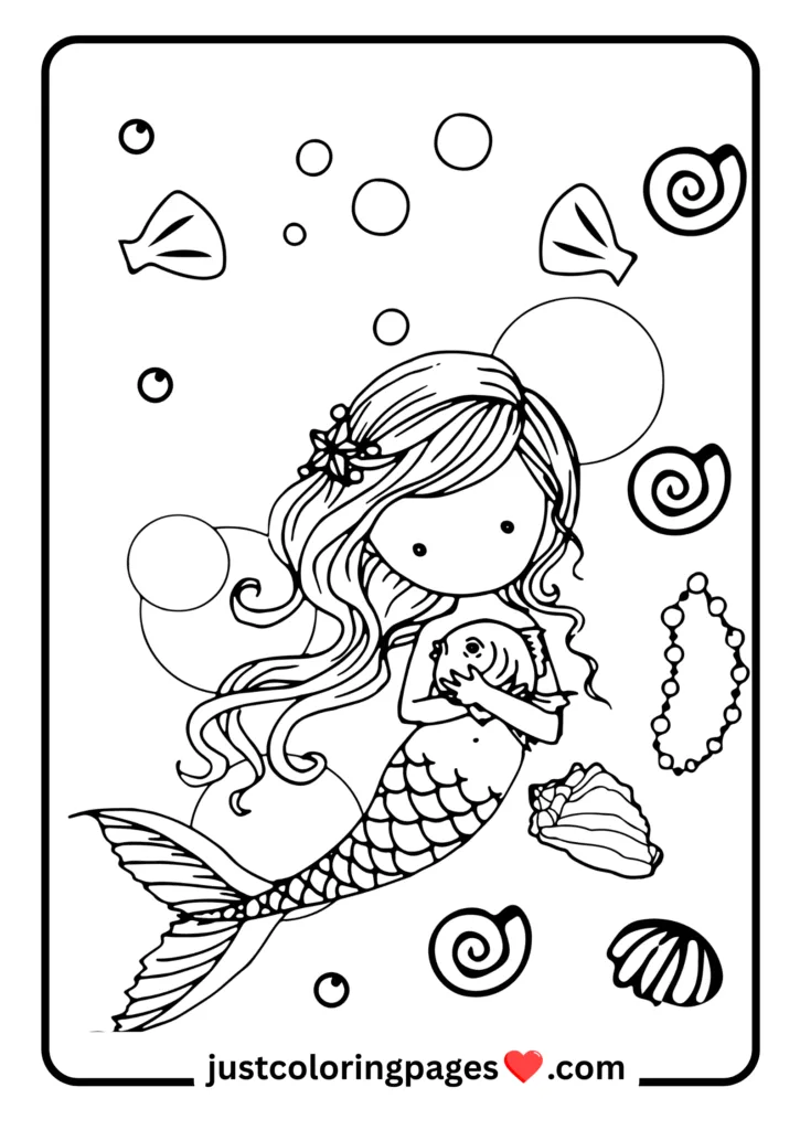 29+ Free Mermaid Colouring Pages for Kids (PDF Printable) 19 sad mermaid with cute fish
