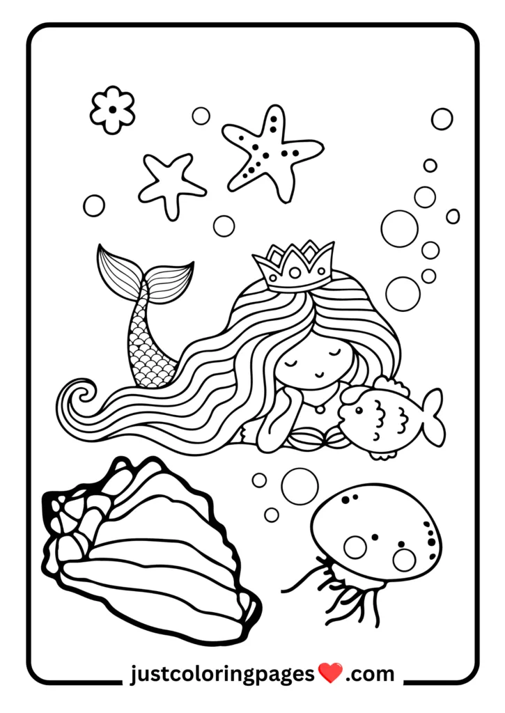 29+ Free Mermaid Colouring Pages for Kids (PDF Printable) 22 mermaid with star fish and water bubbles