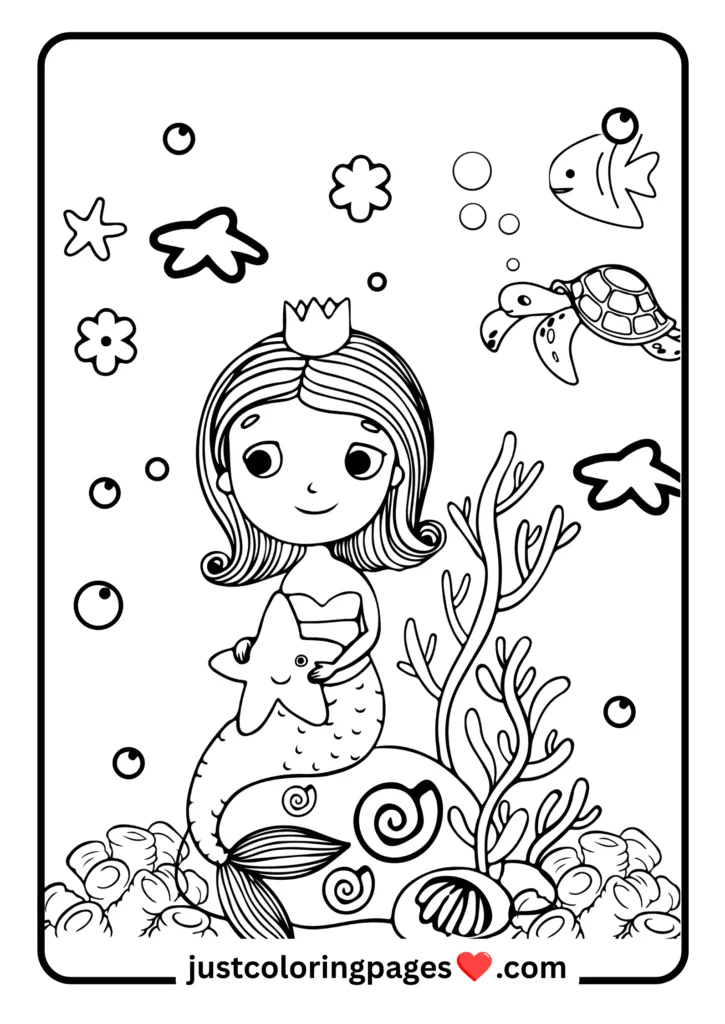 29+ Free Mermaid Colouring Pages for Kids (PDF Printable) 31 mermaid with sea shells and starfish