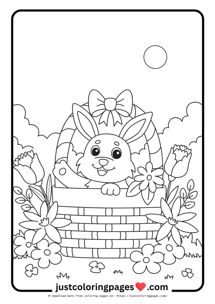 23+ Free Rabbit Coloring Pages Printable PDF for Kids 26 Bunny inside basket and with cute flowers