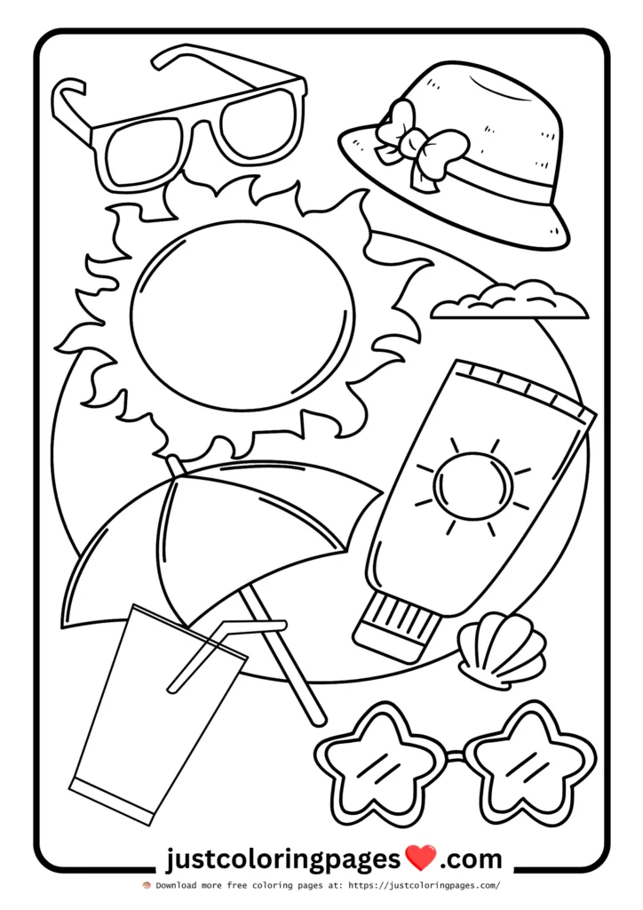 59+ Summer Coloring Pages (PDF Printables) - Free Download 8 sun cream, cap, sunglasses and umbrella