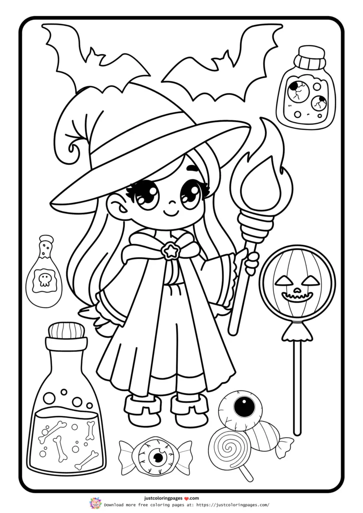 A witch character holding a torch