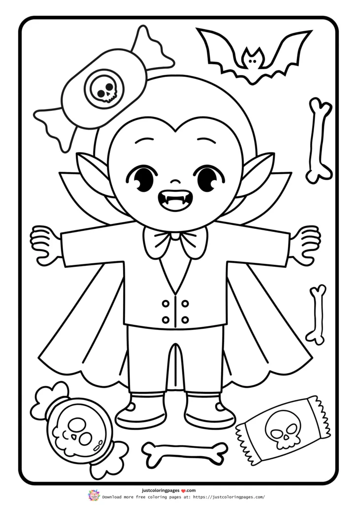 A cute vampire character, along with Halloween-themed elements like candy with skull designs, bones, and a bat.