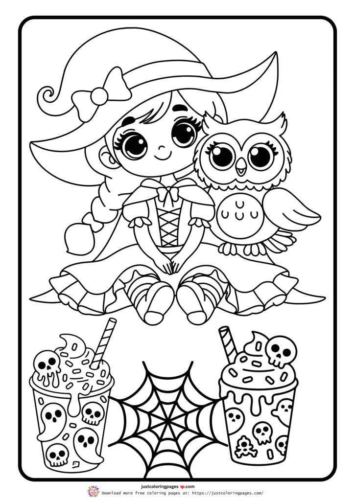 cute witch and an owl, along with Halloween-themed items like spiderwebs and skull-decorated drinks