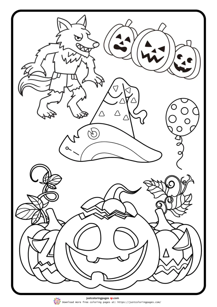 witch's hat, werewolf, multiple carved pumpkins with faces