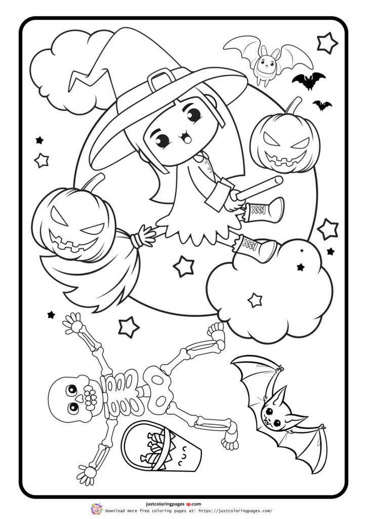 A broomstick, pumpkins, bats, and a skeleton.