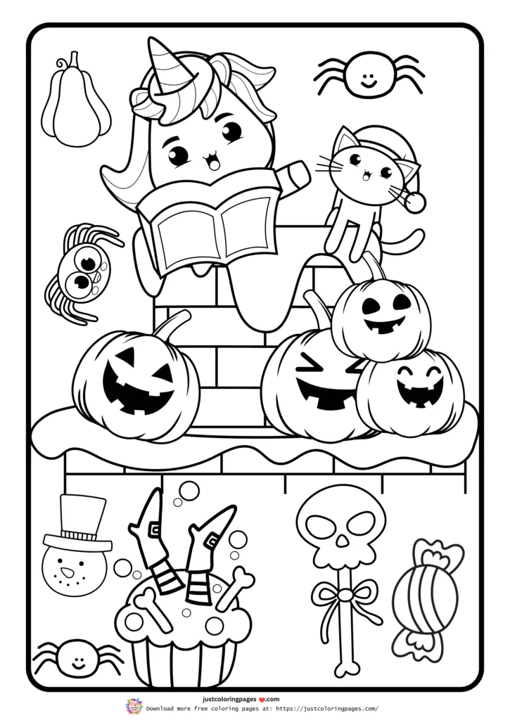 A unicorn reading a book atop a chimney, surrounded by Halloween decorations.