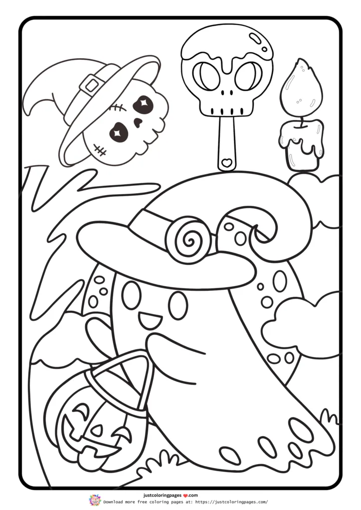 A friendly ghost wearing a witch's hat, holding a jack-o'-lantern.