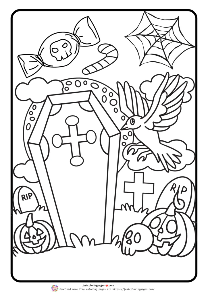 A coffin with a cross and "RIP" grave markers.