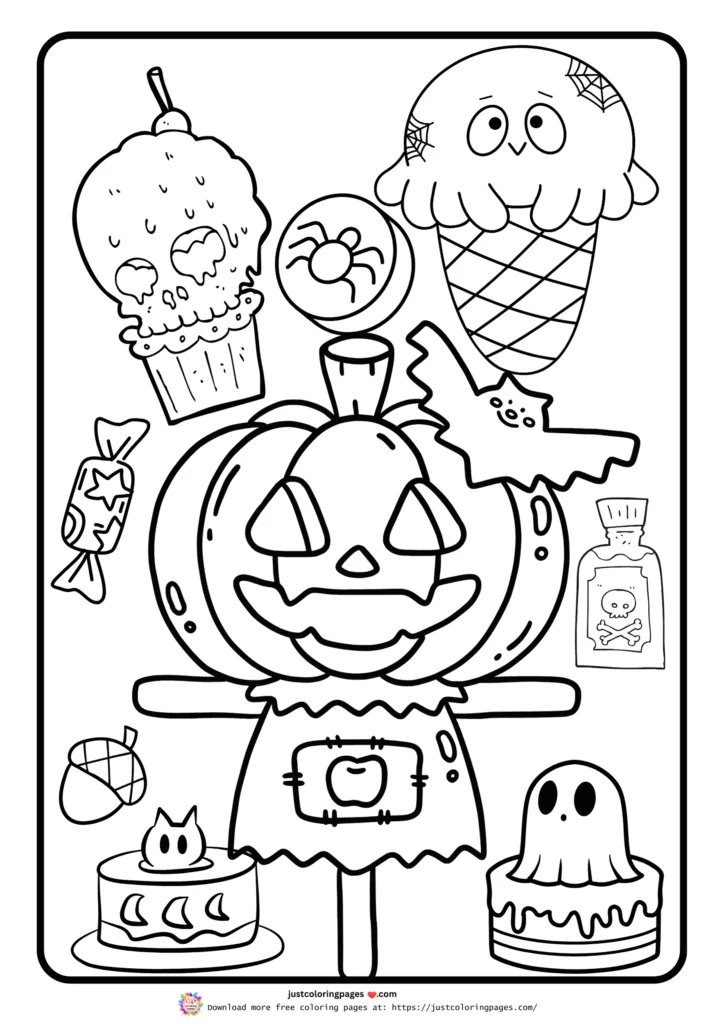 Halloween treats like a cupcake, ice cream cone, donut with a spider, and candy.