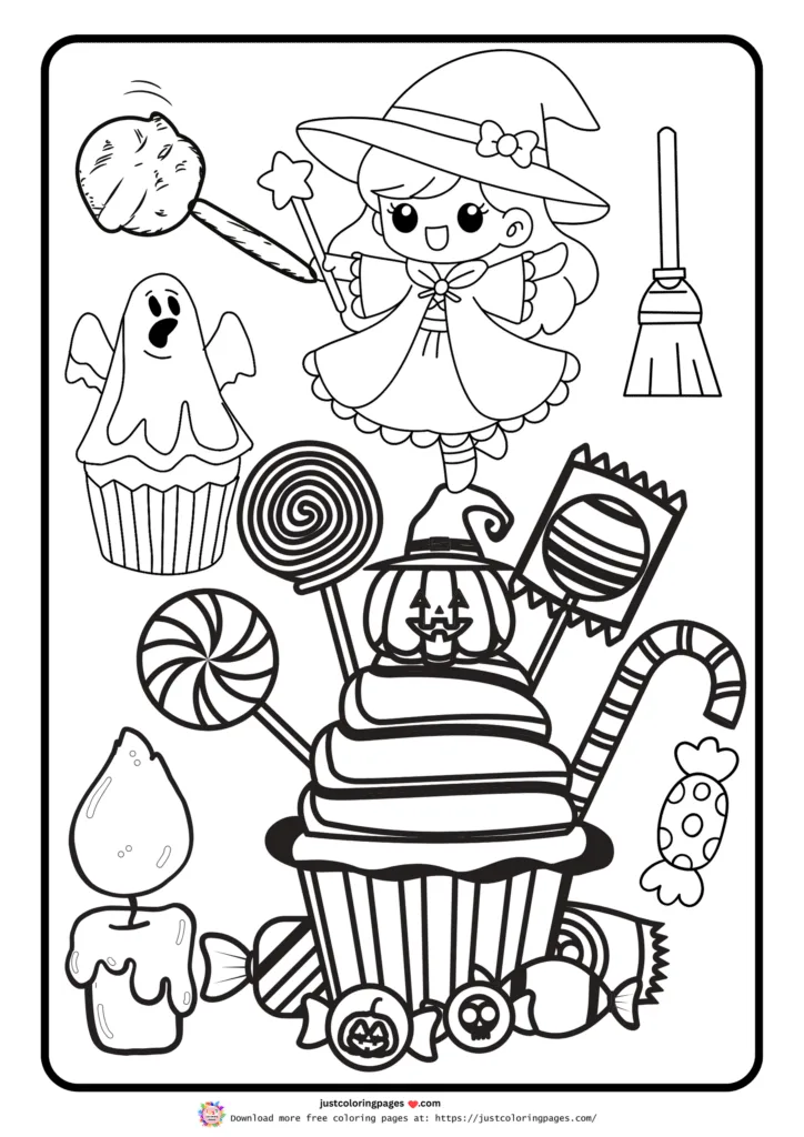 A witch, ghost, broomstick, various candies, lollipops, a cupcake, and a candle.