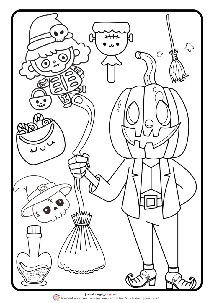 A character dressed in a skeleton costume and witch's hat, holding a broom