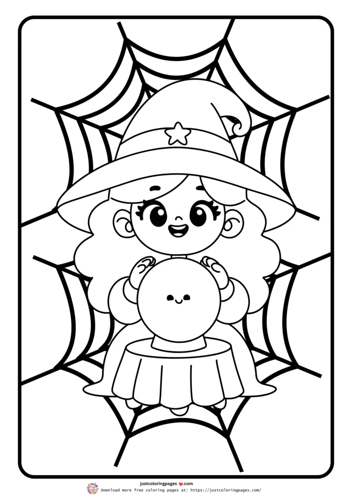 black and white illustration of a cute little witch girl