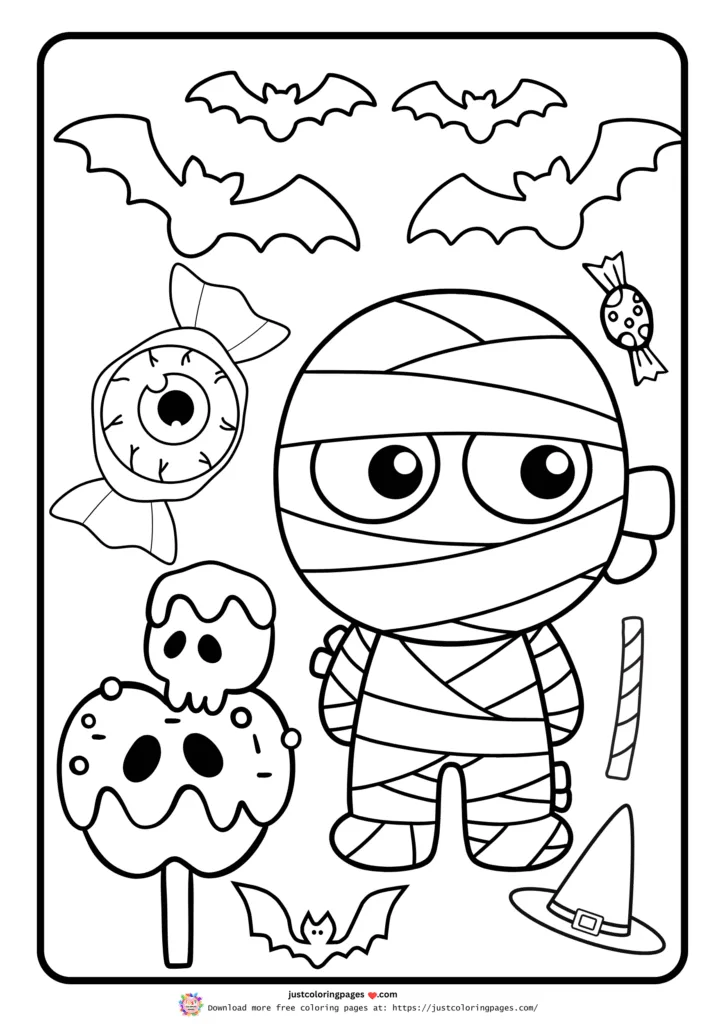 The central figure is a cartoon mummy wrapped in bandages.