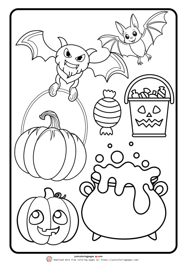 Halloween-themed illustrations, including bats, pumpkins, a cauldron, candy, and a trick-or-treat bucket.