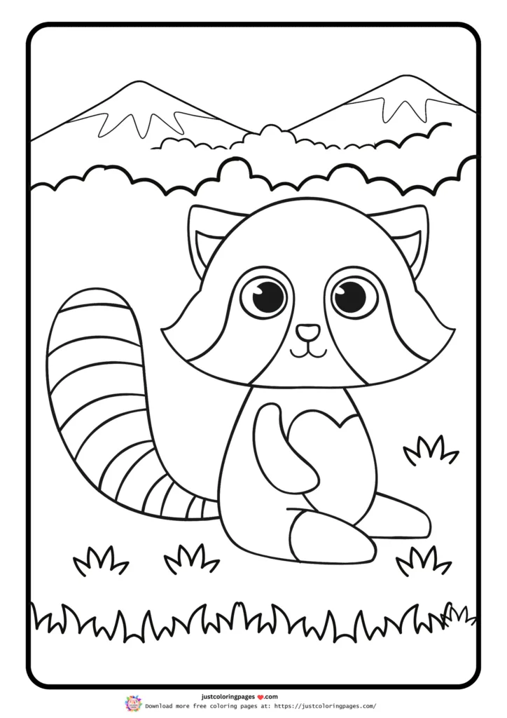 Raccoon sitting in a natural setting with mountains