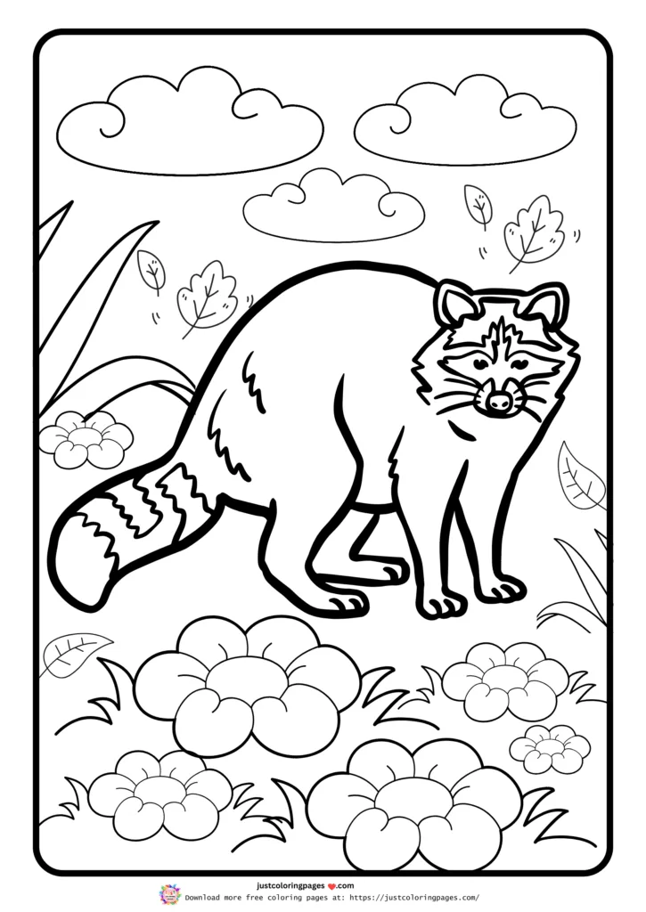 Raccoon with clouds, leaves, and flowers.