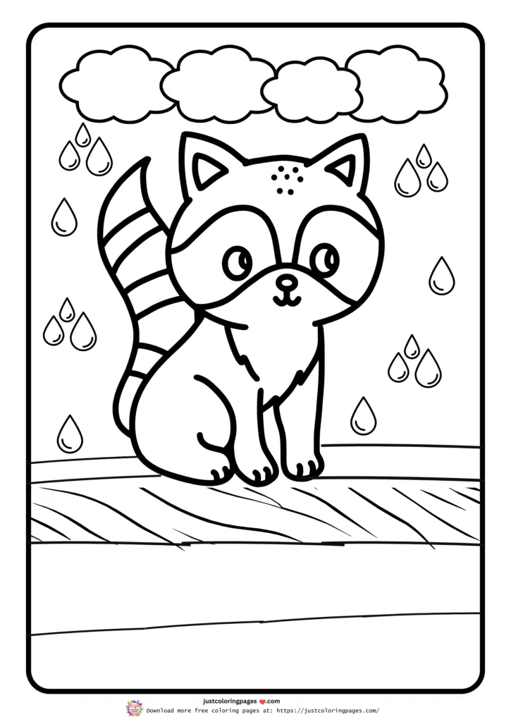A cute raccoon in the rain, with clouds and raindrops.