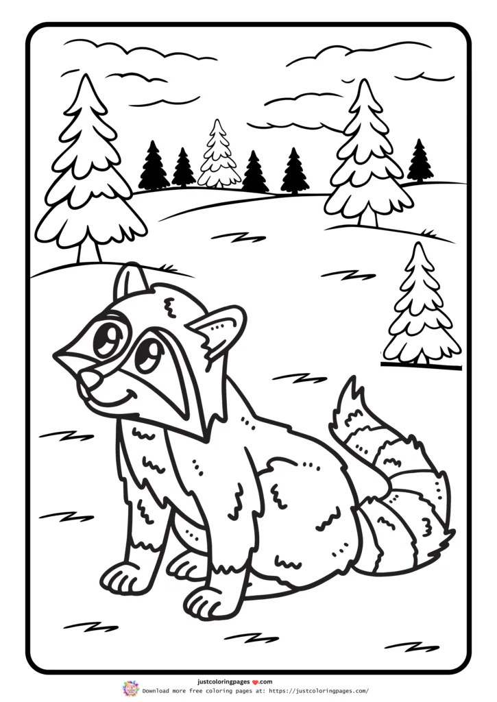 Raccoon in a natural setting with evergreen trees in the background.