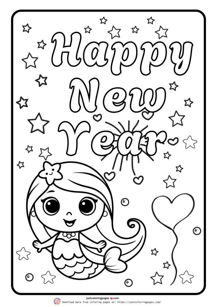 29+ Happy New Year Coloring Pages for Kids (Printable PDF) 7 Mermaid with New Year Text