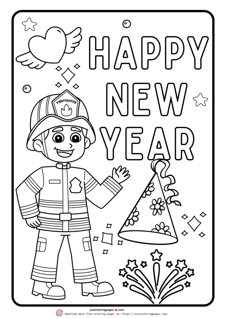 29+ Happy New Year Coloring Pages for Kids (Printable PDF) 10 A party hat, fireworks, and stars with new year text for coloring