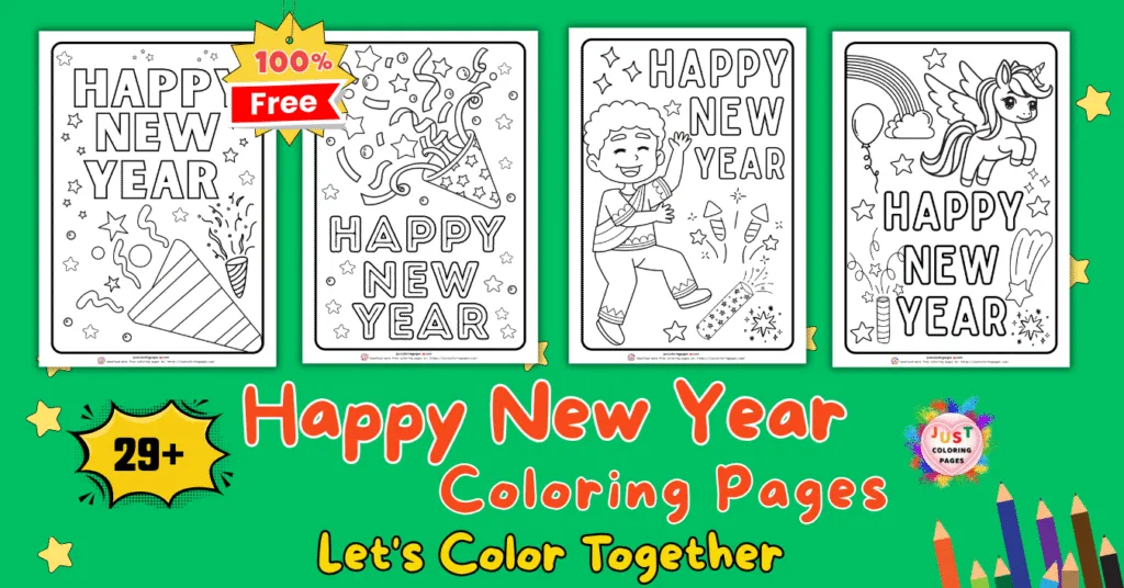29+ Happy New Year Coloring Pages for Kids (Printable PDF) 1 Colorful Happy New Year banner with festive illustrations for kids' coloring pages